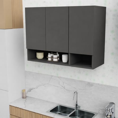 Image of 3 Door Multipurpose Wall Mounted Cabinet with Adjustable Shelf | Storage for Kitchen, Bathroom, Bedroom, Office & Living Room | Assembly-DIY | Color-Grey | Size-90x33x63.8 Cm