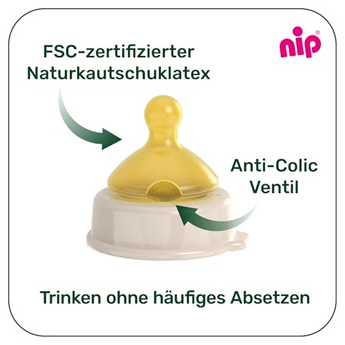 nip – Weithalsflasche | Babyflasche mit Ventil für optimalen Lufteinstrom und zwei Naturkautschuk-Trinksauger. Stillfreundliche Babyflasche aus bruchfestem Glas | Gr. S & M, 240ml, Braun
