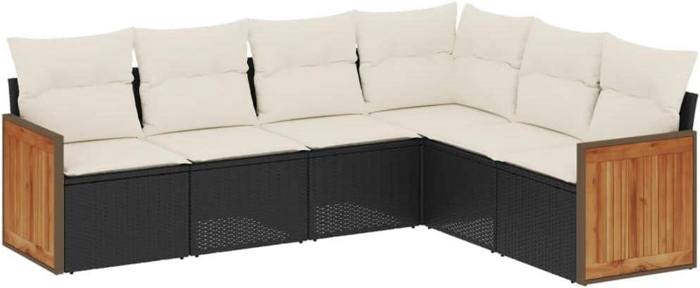 6-Piece Modular Outdoor Sofa Set with Cushions, Comfortable Seating for Six in Black Rattan and Cream