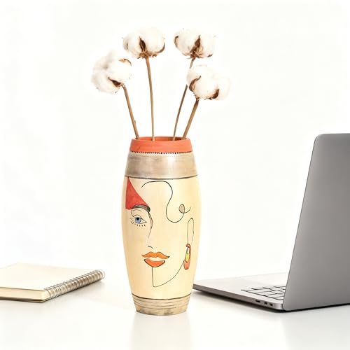 Image of Aakriti Art Creations Artistic Face Motif Terracotta Vase | Handmade Boho Decorative Vase with Matte Finish | Modern Multicolor Flower Vase for Living Room, Table Decor, Shelf Decor & Gifting