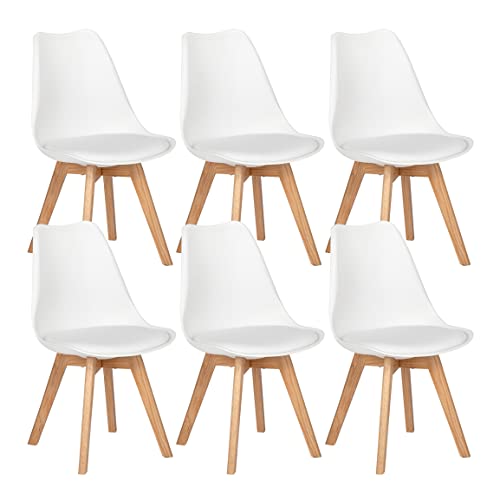 EGGREE Lot de 6 Chaises Salle à Manger en Chêne Chaises de Cuisine Scandinaves, Rétro Rembourrée Chaise de Salle de Bureau, Pieds de chêne - Blanc