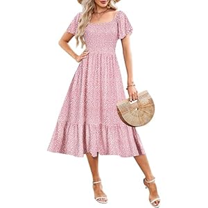 AUSELILY Womens Empire Waist Dress Summer Smocked Square Neck Dresses Flutter Short Sleeve Off Shoulder Midi Long Dress