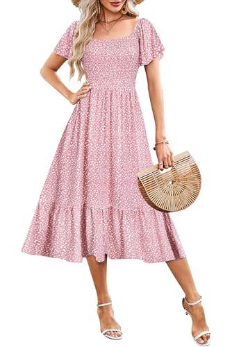 AUSELILY Womens Empire Waist Dress Summer Smocked Square Neck Dresses Flutter Short Sleeve Off Shoulder Midi Long Dress