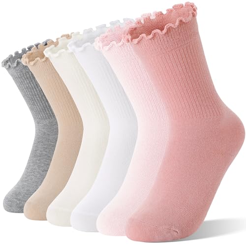 Welwoos Girls Kids Ruffle Socks Uniform School Dress Frilly Cotton Crew Gifts Socks 6 Pairs Stocking Stuffers(Pink/Light Pink/White/Off White/Khaki/Grey5-8 Years)