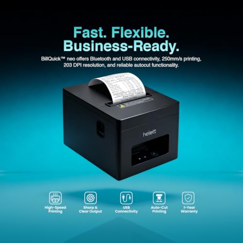 Image of Helett BillQuick Neo Bluetooth USB POS Autocut Thermal Receipt Printer 80mm(3 Inch)Compatible with Windows(PC & Laptop)| 250mm /s High-Speed Printing | Cash Drawer Support | 203 DPI | 1-Year Warranty