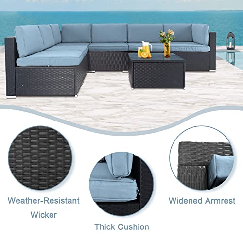 Incbruce Outdoor Patio Furniture Set 7-Piece All-Weather Sectional Sofa Outside Couch, Manual Weaving Wicker Rattan Conversation Set With Glass Top Table And Removable Cushion (Haze Blue) #TOP3