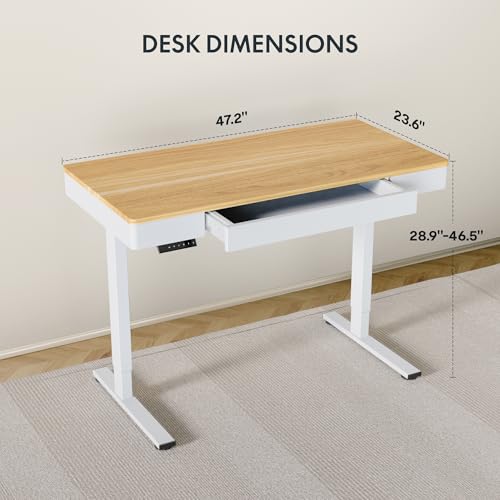 Image of FLEXISPOT Standing Desk with Drawer, 48 x 24 Inch Electric Adjustable Height Stand Up Desk with Storage Organizer, Whole Piece Wooden Desktop for Home, Office, Computer Workstation, Maple