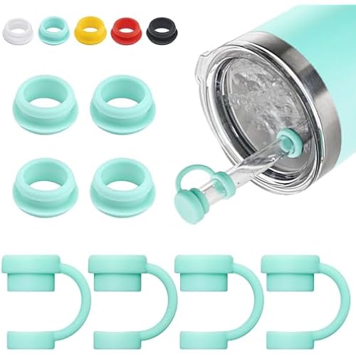 Straw Cover for YETI Cup, 4 Sets Silicone Spill Stopper Compatible with YETI Tumbler, Leak Proof Kit of Mug Accessories Including 4 Straw Cover, 4 Leak Proof Stopper (Seafoam 4PCS)