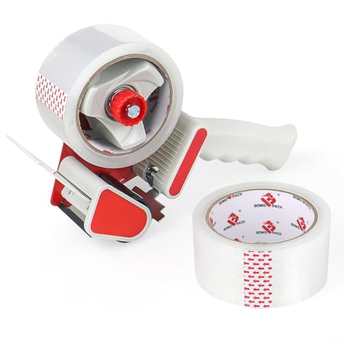 BOMEI PACK Heavy Duty Packaging Tape Dispenser, 2 Inch Tape Gun with Clear Tape, 1 Dispenser + 2 Rolls (Clear)