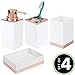 mDesign Square Plastic Bathroom Vanity Countertop Accessory Set - Includes Soap Dispenser Pump, Divided Toothbrush Holder, Tumbler Rinsing Cup, Soap Dish - 4 Pieces - White/Rose Gold