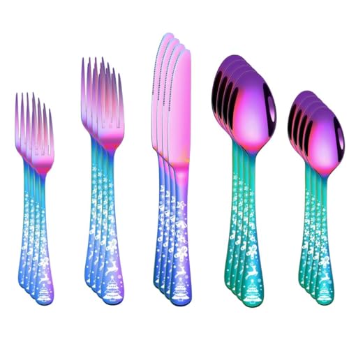 Image of Flatware Spoon Set, Kitchen Utensils, Stainless Steel Fork /Knife and Spoons, Dishwasher Safe Mixed Cutlery Combo, Cooking Flatware Serving Combo (20 Pieces, Color : Rainbow)