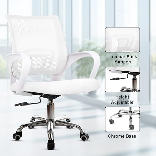 Image of NORMAN JR, Ergonomic Desk Chair Mesh Computer Chair with Lumbar Support Armrest Executive Rolling Swivel Adjustable Mid Back Chair - White & White Handle