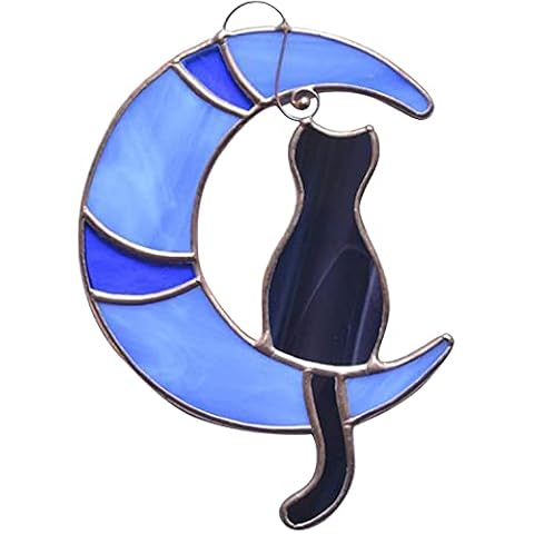 Stained Glass Window Hangings, Cute Cat & Moon Sun Catcher Decor, on The Moon Window Hanging Black Cat Handmade Stained Glass Ornament Hanging Pendant Lover Gift Home Gift Decor (White, B) (Blue,A) Cover