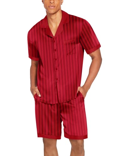 Image of Ekouaer Mens Satin Pajamas Set Button-Down Short /Long Sleeve Shirt Top Soft Silk Sleepwear Loose Pocket Pant Loungewear