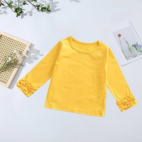 RNTOP Kids Toddler Girl Ruffle Long Sleeve Tees Shirts Plain Solid T-Shirts Crewneck Blouse Tops (Yellow, 6-12 Months)
