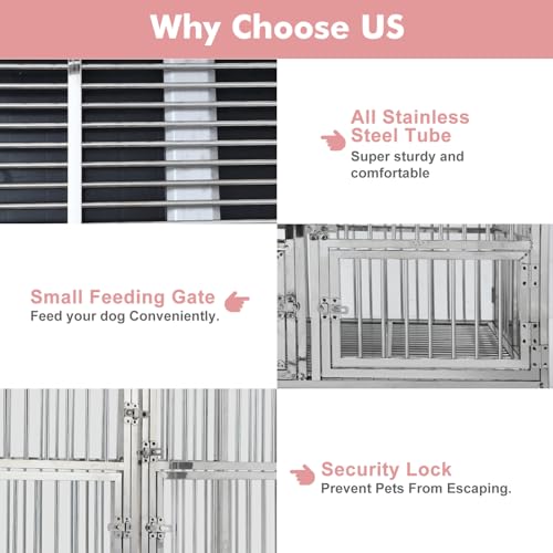 48-in Heavy Duty Dog Crate Cage Kennel with Wheels, Full Stainless Steel High Anxiety Indestructible Dog Crate, Sturdy Locks Design, Double Door Small Door Design & Removable Tray Design Silver