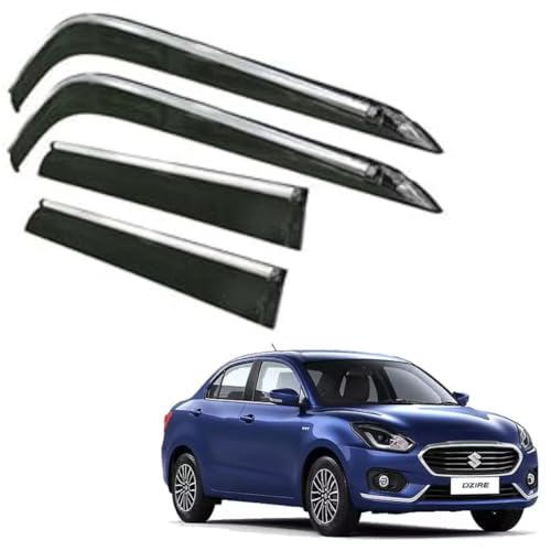 Image of CAR SAAZ Side Door Visors for Swift Dzire Type 4-5(2017-2024)(Set of 4Pcs)|Smoke Finish Chrome Lined Rain Guards, Polycarbonate