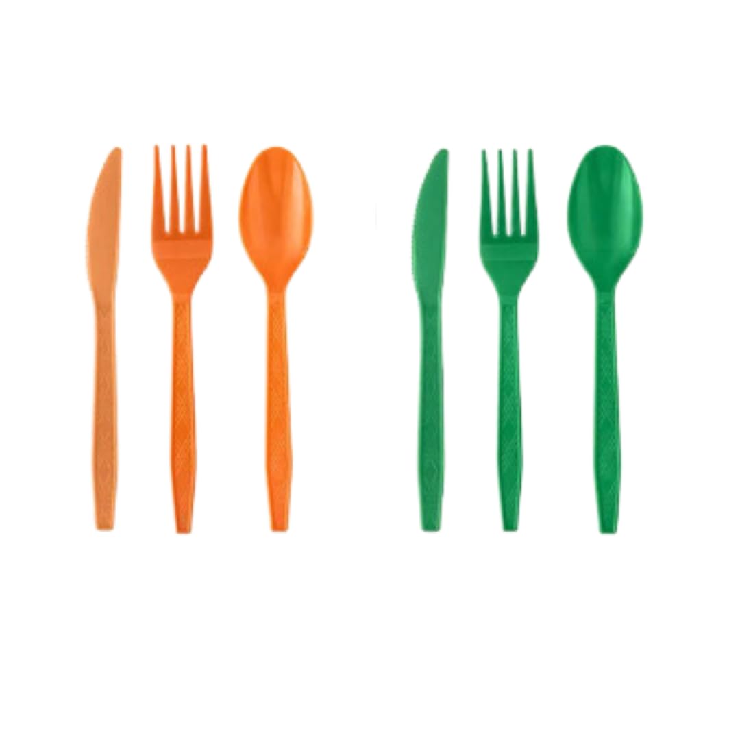 2 Pack Bundle Orange Green Plastic Utensils Combo Pack - 96 Count Parties Events Durable Disposable Cutlery Cook Serve Kitchen
