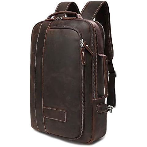 LANNSYNE Men's Full Grain Leather Expandable 15.6 Laptop Backpack Tote Shoulder Travel Bag Rucksack, Brown, L, Rucksack Backpacks Cover