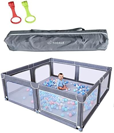 TODALE Baby Playpen for Toddler, Extra Large Baby Playard, Infant Safety Activity Center, Sturdy Babies Playpen with Anti-Slip Suckers,Tear-Resistant Material &Breathable Mesh (Grey 70”×59”)