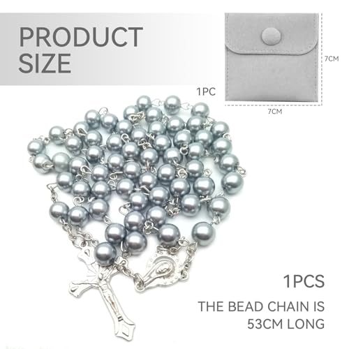 Calkkrer Katholischer Rosenkranz, Rosenkranz zur Kommunion mit Retro-Kreuz,Samt Geschenkbeutel Elegante Kreuz.Taufe Kommunion Hochzeit Kommunion Party(Grau)