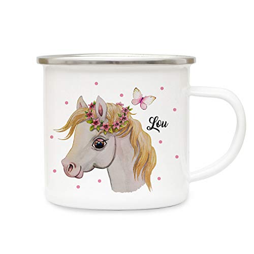 ilka parey wandtattoo-welt Emaillebecher Becher Tasse Camping Pferd Kopf Schmetterling & Wunschname Name Kaffeetasse Geschenk eb391 - ausgewählte Farbe: *bunt* ausgewählte Größe: *4. Pferdekopf *