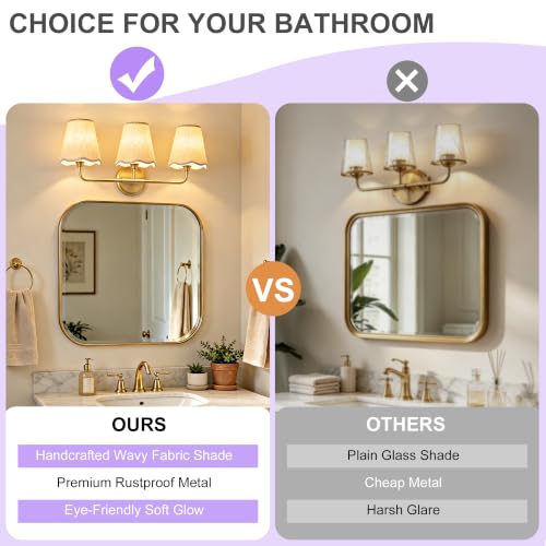 Image of Bathroom Light Fixtures 22 inch Dimmable 3-Light Gold Vanity Light | Farmhouse Bathroom Lights with Beige Wavy Fabric Shade, Vanity Lighting Fixtures for Mirror Bedroom Living Room Hallway