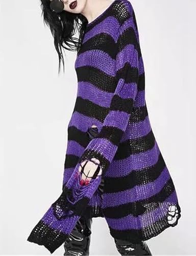 Women Y2K Striped Ripped Grunge Sweater Tops Oversized Long Sleeve Goth Punk Hollow Out Loose Knit Pullover Tops4