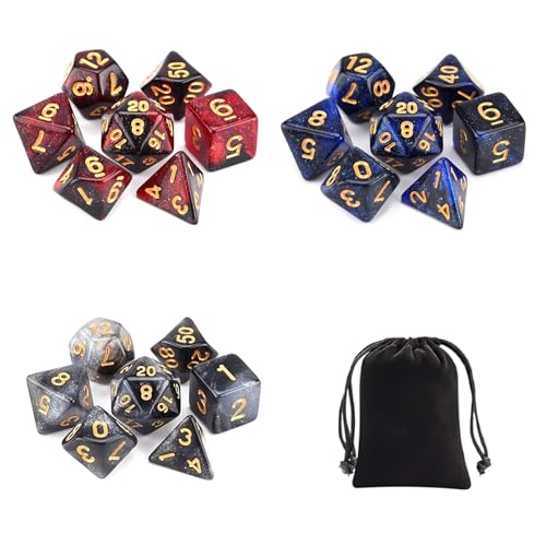 ZQMW DND Games Dice Set (21 Pcs) with Black Pouche, Three Sets of 7 polyhedral Handmade Dice for Dungeons and Dragons, Role Playing, Table Game, Red Black, Blue Black, Black White