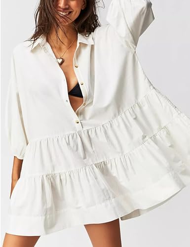 Image of HangNiFang Women's Summer Babydoll Mini Dress Flowy Puff Sleeve Tiered Button Down Oversized Tunic Dress with Pockets