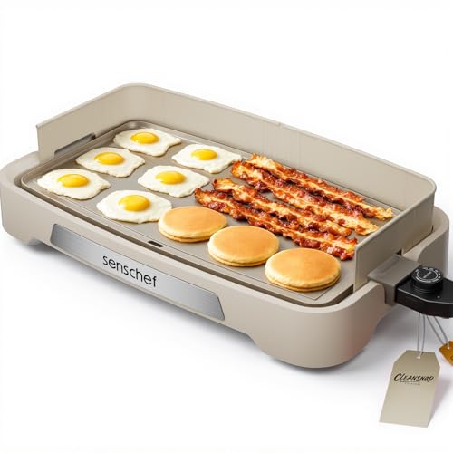 Image of Cleansnap Everyday Electric Griddle, Great Gift for Family Feasts - 20 inch Nonstick Grill with Foldable Anti-Mess Shield, Rapid 1700W Hea & PPG Ceramic Coating, Dishwasher Safe, Vanilla Cream