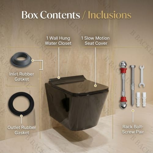 Image of B Backline Ceramic Wall Hung Rimless Western Toilet Commode /Water Closet Commode With Soft Close Toilet Seat For Bathroom - P Trap Outlet From Wall (Black Glossy) (7 Years Glaze Warrrenty)