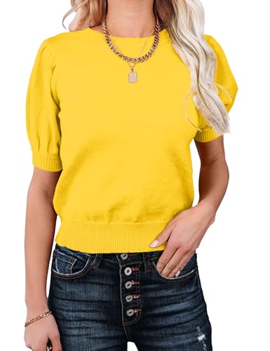 Image of Womens Puff Short Sleeve Sweater Tops Crewneck Basic Knit Pullover Lightweight Casual Sweaters