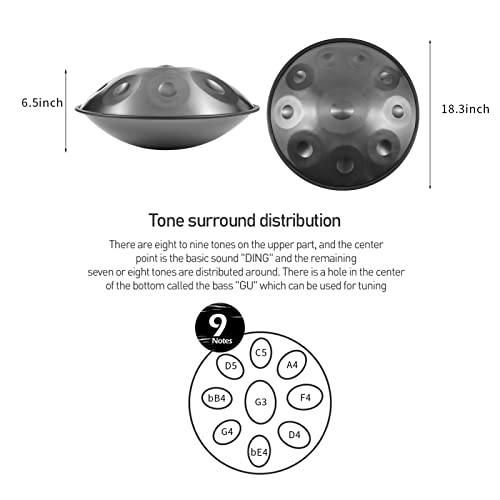 Handpan Drums Sets D Minor 18 inches Steel Hand Drum with Soft Hand Pan Bag, 2 handpan mallet,Handpan Stand (9 Notes, Black)