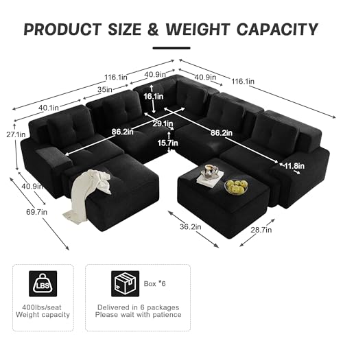 Image of 116.1 inch Modular Sectional Boneless Sofa with 5-Seater, V-Shaped Corner Deep Seat Sofa for Living Room, Big Comfy Cloud Couch with 2 Movable Ottomans, Corduroy Fabric, No Assembly, Black