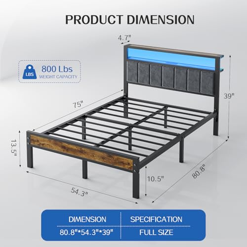 Image of Liians Full Size Platform Bed Frame with LED Lights, Charging Station, Grey Upholstered Headboard with 2-Tier Storage Shelves, Noise Free, No Box Spring Needed