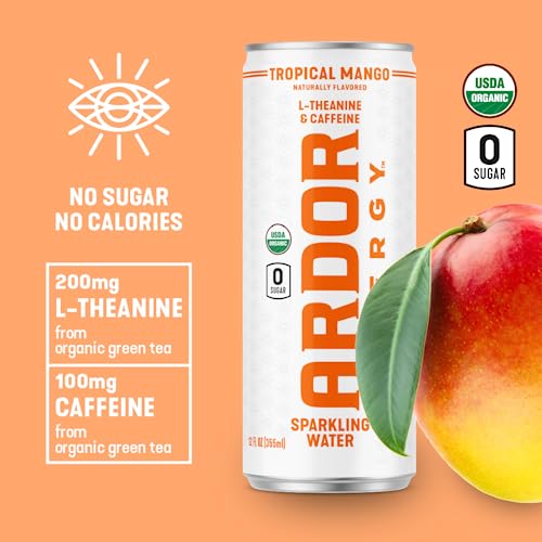 Ardor Energy Sparkling Water Tropical Mango 12 Pack With 100Mg Organic Caffeine From Green Tea & 200Mg Organic L-Theanine (Focus & Calm). No Sugar. No Calories. Vegan. Gluten Free. #TOP2