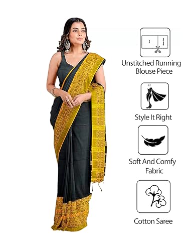 Image of eC ESHA'S COLLECTION Women's Cotton Blend Begumpuri Handloom Saree With Unstitched Running Blouse Piece