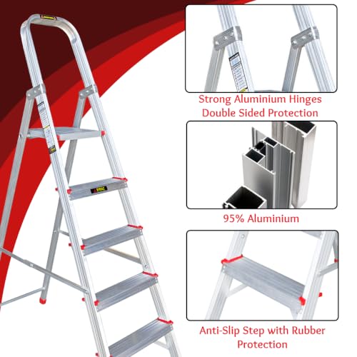 Image of EMAC Aluminium 6 Steps Folding Ladder for Home, Shops and Office Use Slip Resistant Aluminium Ladder (with Platform)