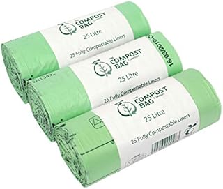 25 Litre x 75 Compostable Caddy Bags - Compost Bag Kitchen Food Waste Compost Liners 25L - EN 13432 - Compost Bag Pedal Bin Bags with Composting Guide - Kerbside Bin Liners