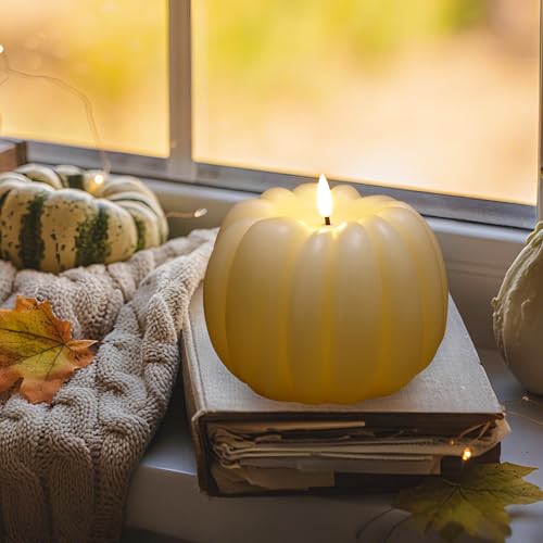 Image of Fall Flameless Candles with Remote, Real Wax Pumpkin Shaped Candle | Flickering Ivory Battery Operated Candles, Remote Included, For Autumn, Harvest, Thanksgiving, Halloween, Home, Party Decor