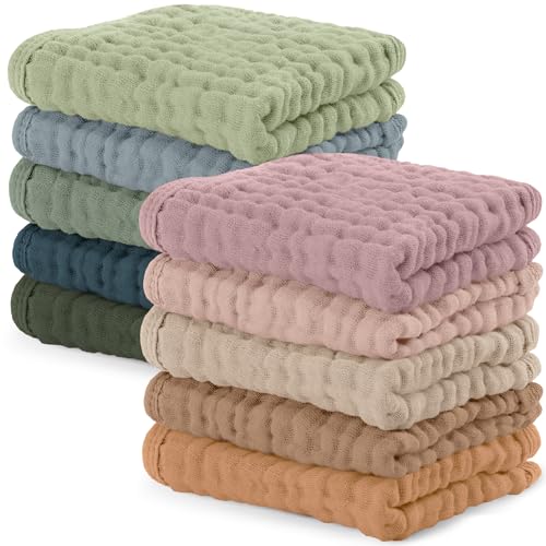 Image of Comfy Cubs Muslin Baby Washcloths 10 Pack - Soft 6-Layer Cotton Wash Cloths for Sensitive Skin - 10"x10" Large, Gentle, Absorbent Infant Essentials for Newborn and Toddlers - Multicolor