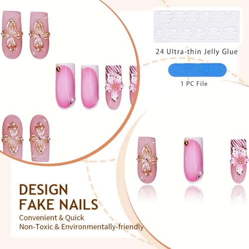GlamRays Pack of 24 Y2K Pink Leopard Flowers 3D Glitter Stripes Long Coffin Nail Tips - Image 3