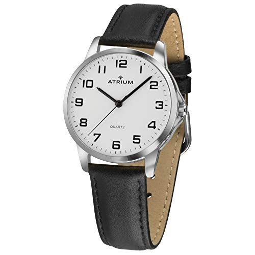 Atrium Herren Armbanduhr sehr deutlich silberfarben Analog Quarz 3 Bar Lederband schwarz A36-10