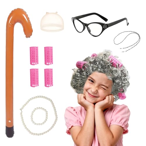 Orizizhic Old Lady Wig Costume Set for Women Kids 11 Pcs 100 Days of School Costume Girls with Necklace Walking Stick Spectacles Hairnet Bracelet Curlers