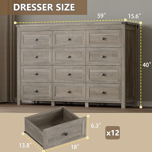 Image of BORNOON 12-Drawer Dresser, Modern Wooden Storage Chest of Drawers, Dresser TV Stand, Wood Drawer Organizer with Metal Handles for Bedroom, Living Room, Hallway