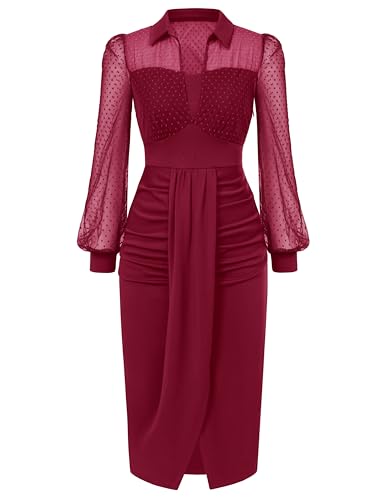 Belle Poque Womens Vintage Dress Mesh Long Sleeve Dress Ruched Dress for Work