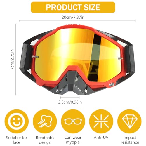 Image of PROBEROS Motorcycle Goggle, 100% Dirt Bike ATV Glasses, UV Protection Windproof Tainted Anti-Glare Anti-Fog, Riding Motocross Comfortable Foam Padding with Adjustable Headband, Red