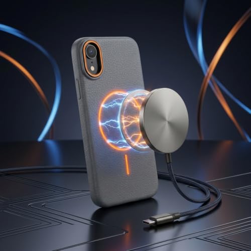 Image of amazon basics Luxury MagSafe Compatible Leather Texture Back Cover for iPhone XR | Raised Camera Protection | Slim Fit Shockproof Case with Metallic Accents (Gray)