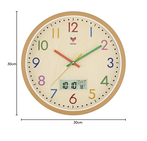 Foxtop Kinder Wanduhr, Geräuschlos Lautlos, Kinderuhr Bunt Uhr für Jungen Mädchen Kinderzimmer Schlafzimmer Küche Wohnzimmer Schule 30 cm